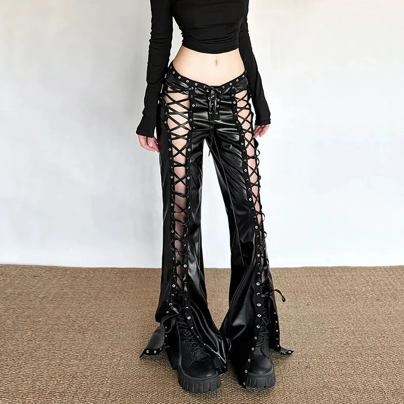 Y2K Streetwear Sexy Pants Women Bandage Hollow Out Hottie Slim Fit Flare Trouser Vintage Hip Hop High Street Casual Summer Pants
