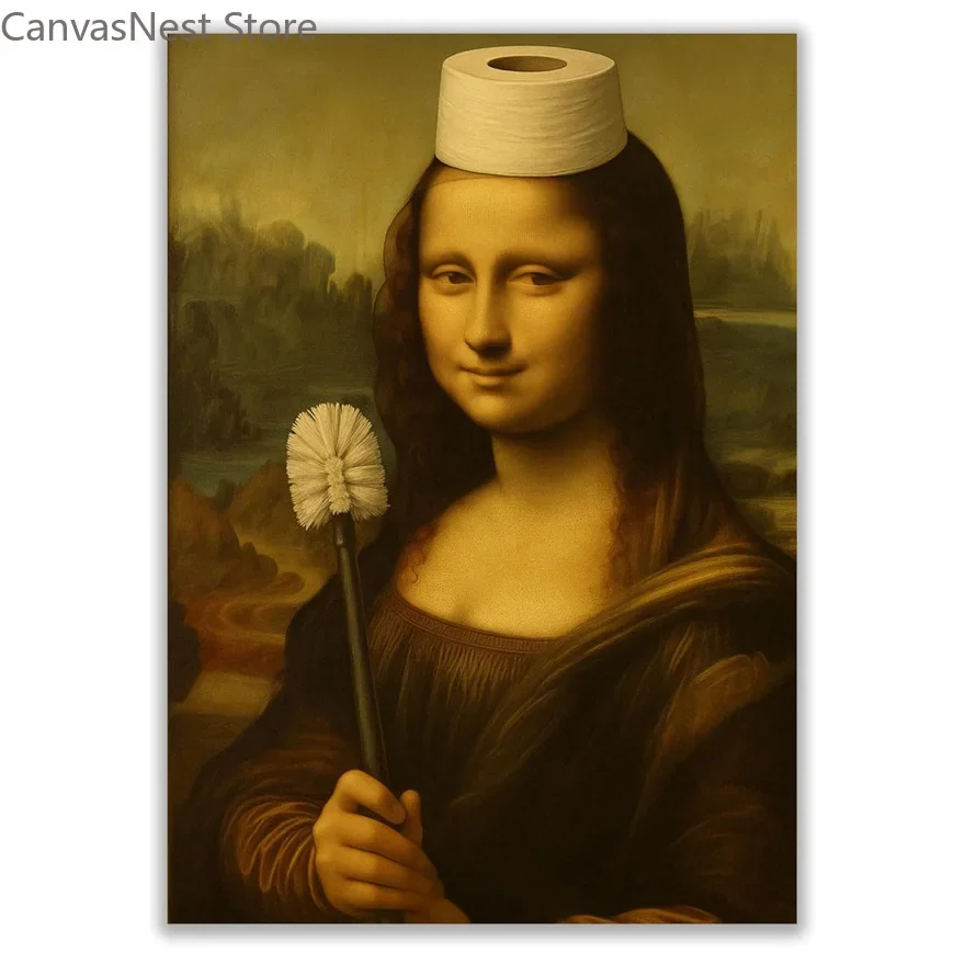 Creative Humor Mona Lisa Wall Art Frameless Canvas Painting for Bathroom Game Room Decor