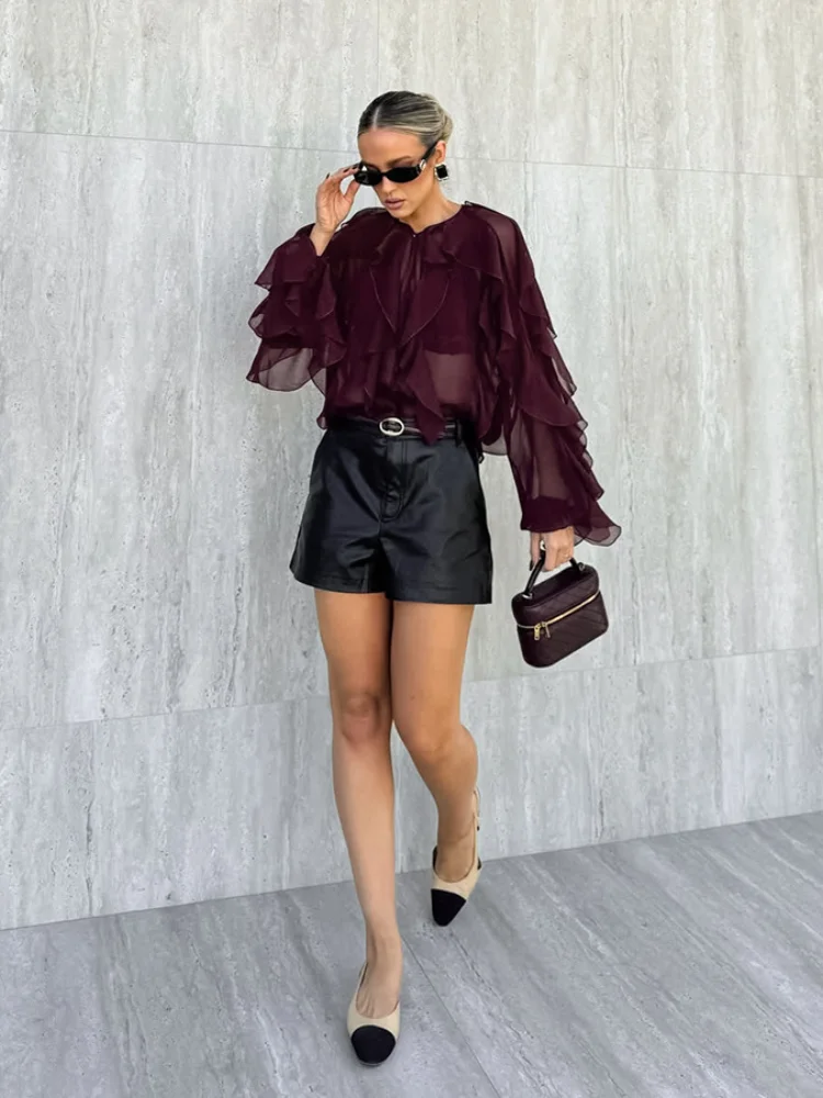 

Women Chic Ruffled See Through Shirt Round Neck Layered Single Breasted Long-sleeved Blouse Lady Daily Commute Street Shirts