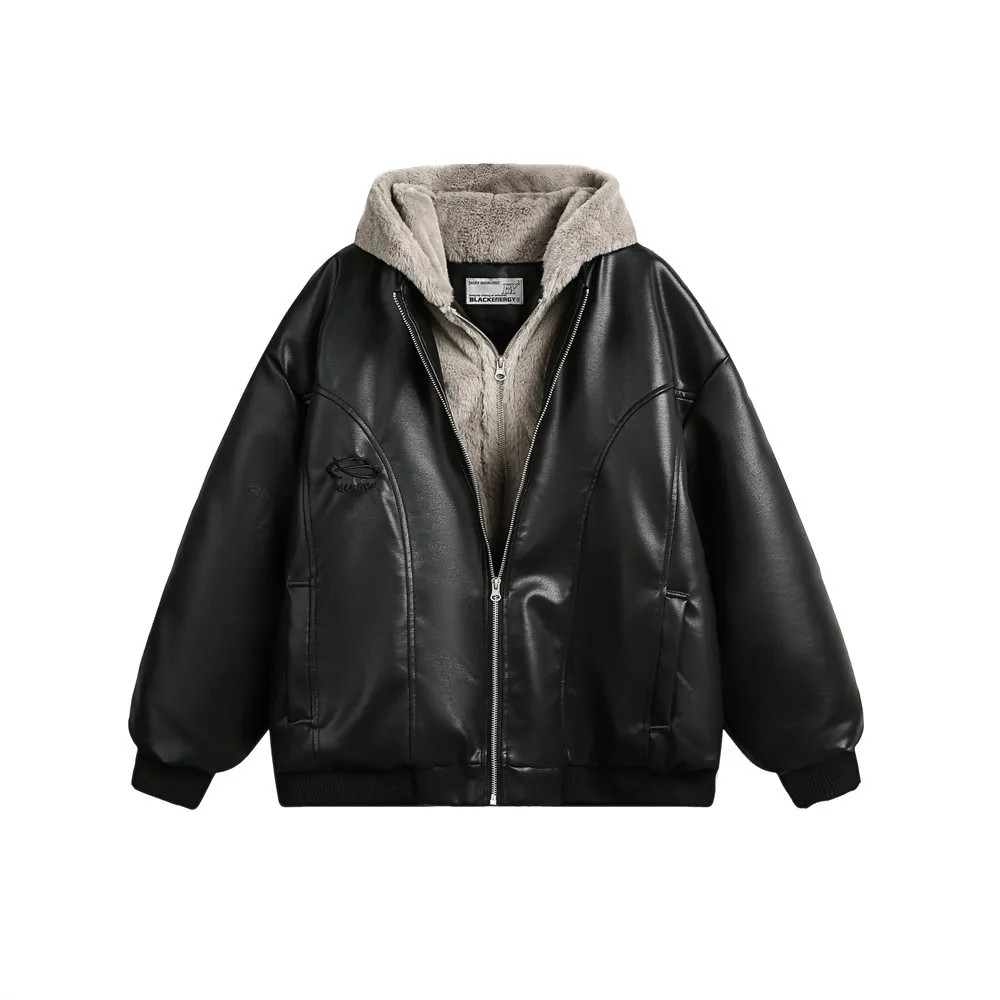

Colorblock fake two-piece double-layer collar hooded PU leather cotton jacket winter men's trendy brand thick warm cotton jacket