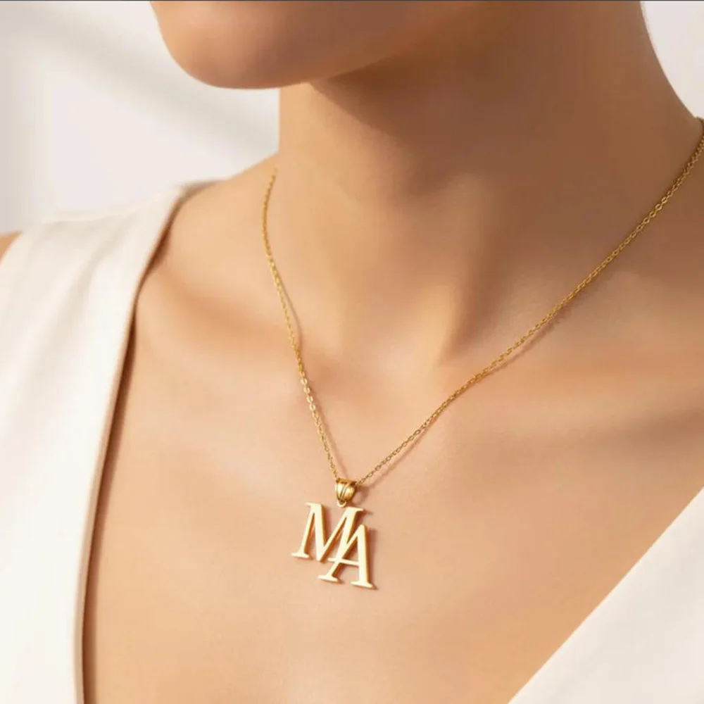 

Customized Initial Necklace - Personalized Double Letter Pendant Gold Stainless Steel Anniversary Gift Birthday Gift