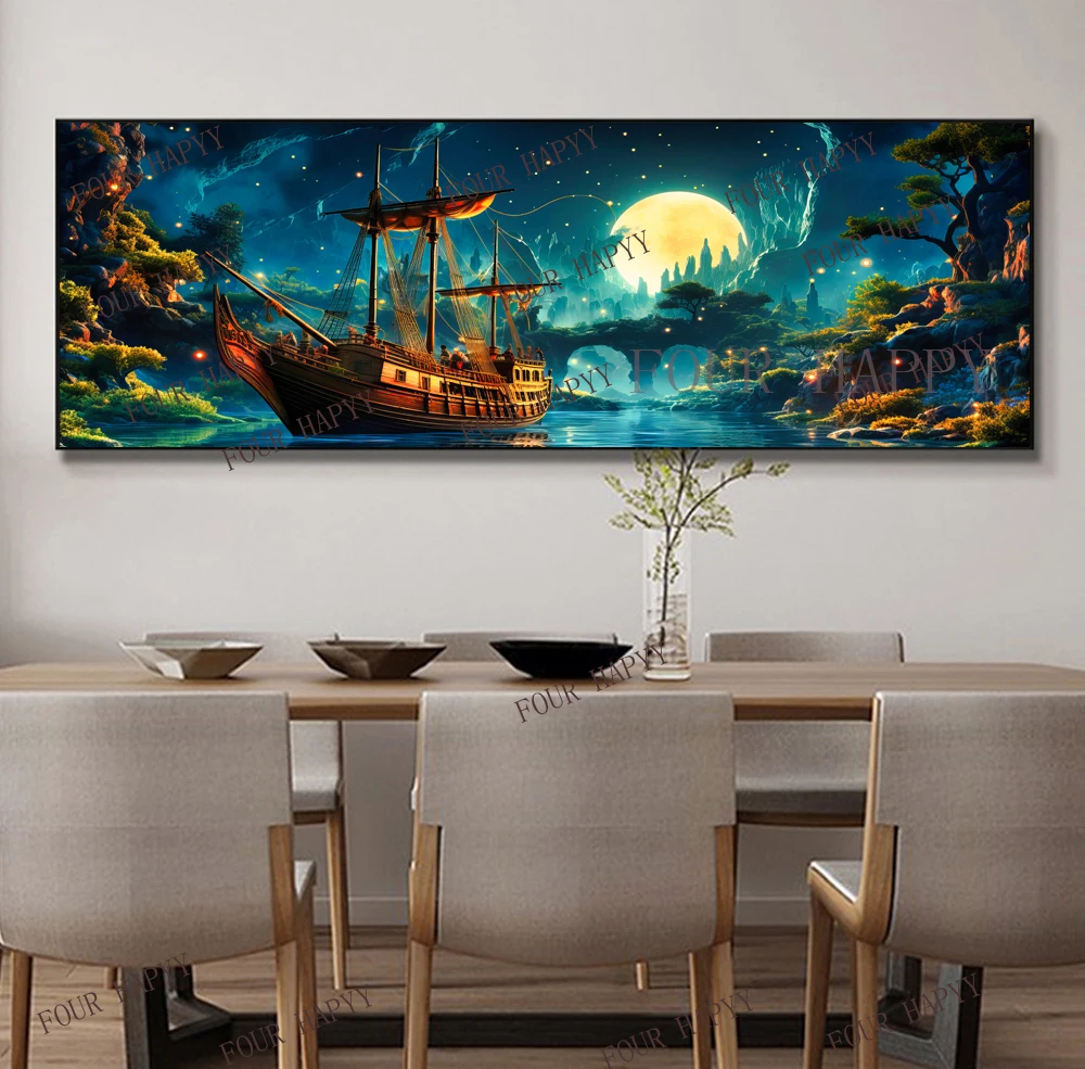 5D DIY Large Diamond Painting Cross Moon Ship Artwork Landscape Wall Art, Full Round Drill, Embroidery Home Decor