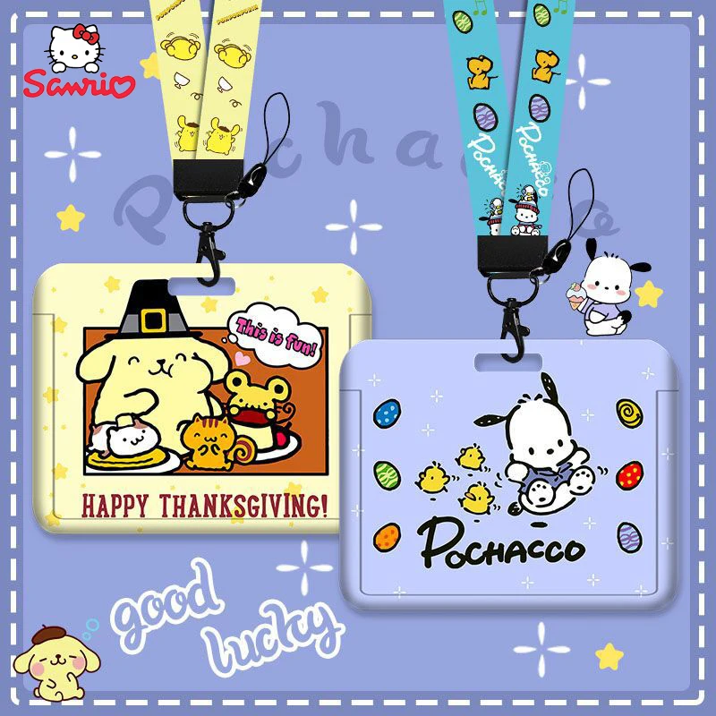 Sanrio Hello Kitty Purin Dog Pochacco Card Cover Horizontal Section Slider Card Documents Protective Case Anti-Lost Lanyard Gift