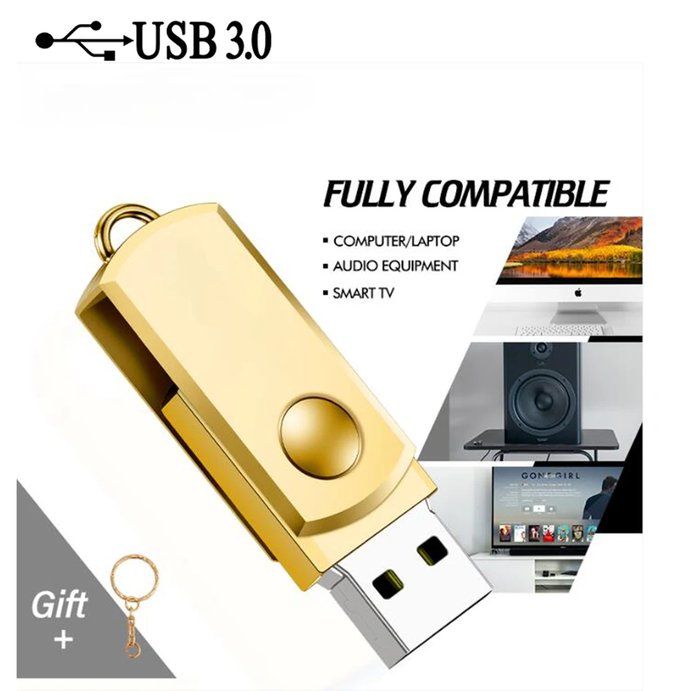 Rotatable Silvery Metal High Speed USB 3.0 Flash Drives 64GB 32GB Pen Drive 128GB 16GB 8GB 4GB Memory Stick Creative Gift U Disk