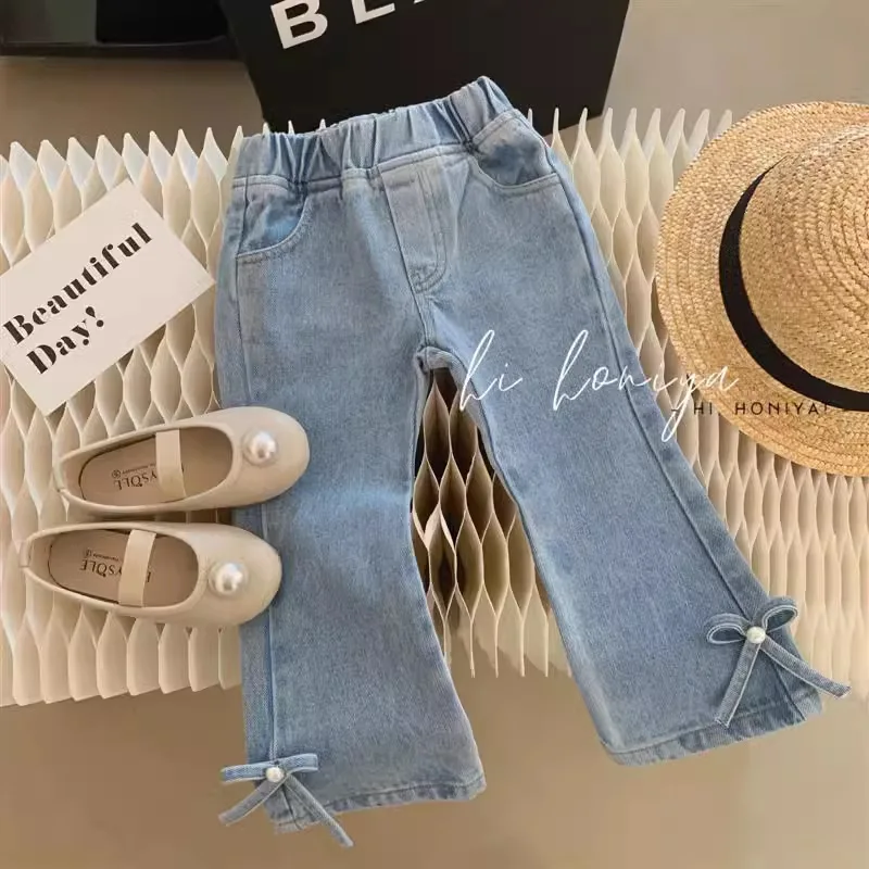 Girls' Pants Are Fashionable, Pearl Bowknot Flared Jeans, Cute and Versatile Pants, Casual and Simple for Spring and Autumn