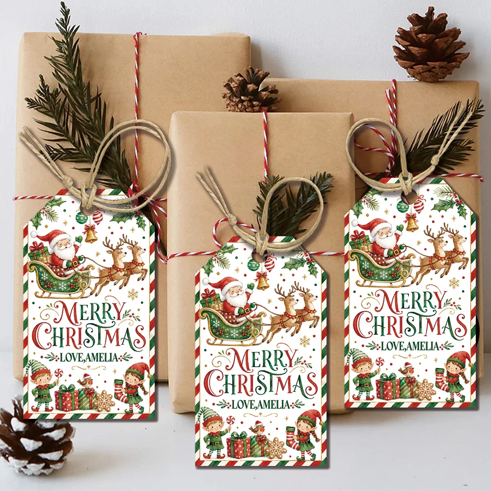 40Pcs Custom Text Christmas Gift Tags, Santa Sleigh Elf Reindeer Hanging Labels,with Jute Rope