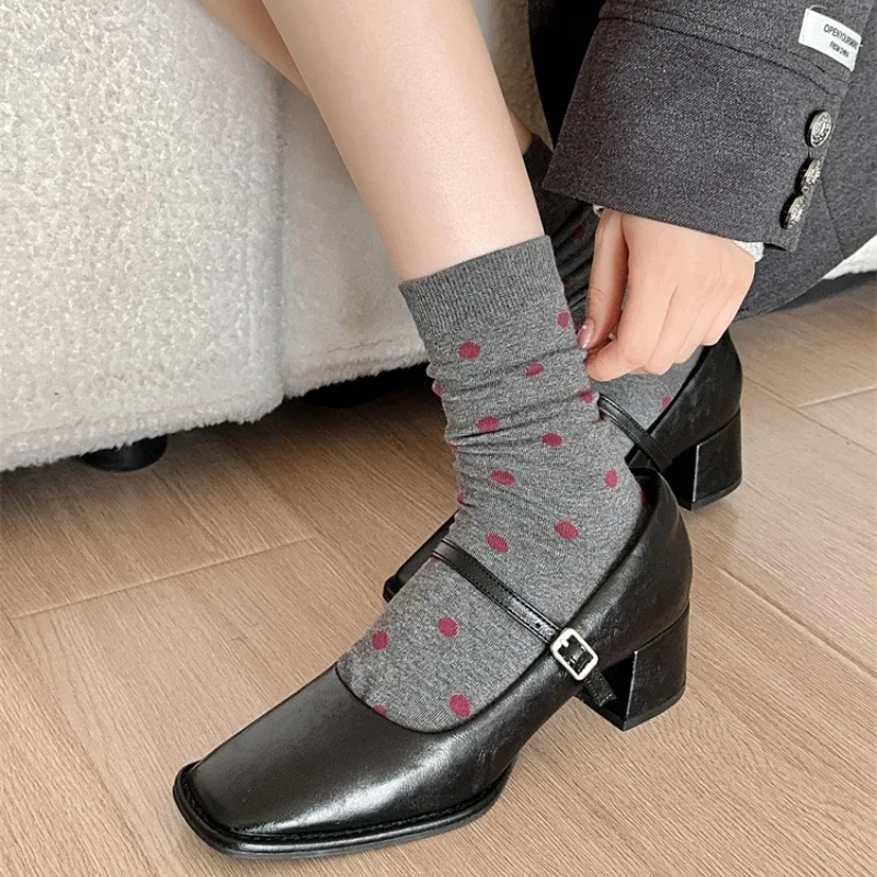 Red Gray Socks Women 2024 Autumn Winter New Harajuku Vintage Long Socks Polka Dot Retro Bow Embroidery Lolita Kawaii Ruffle Sock