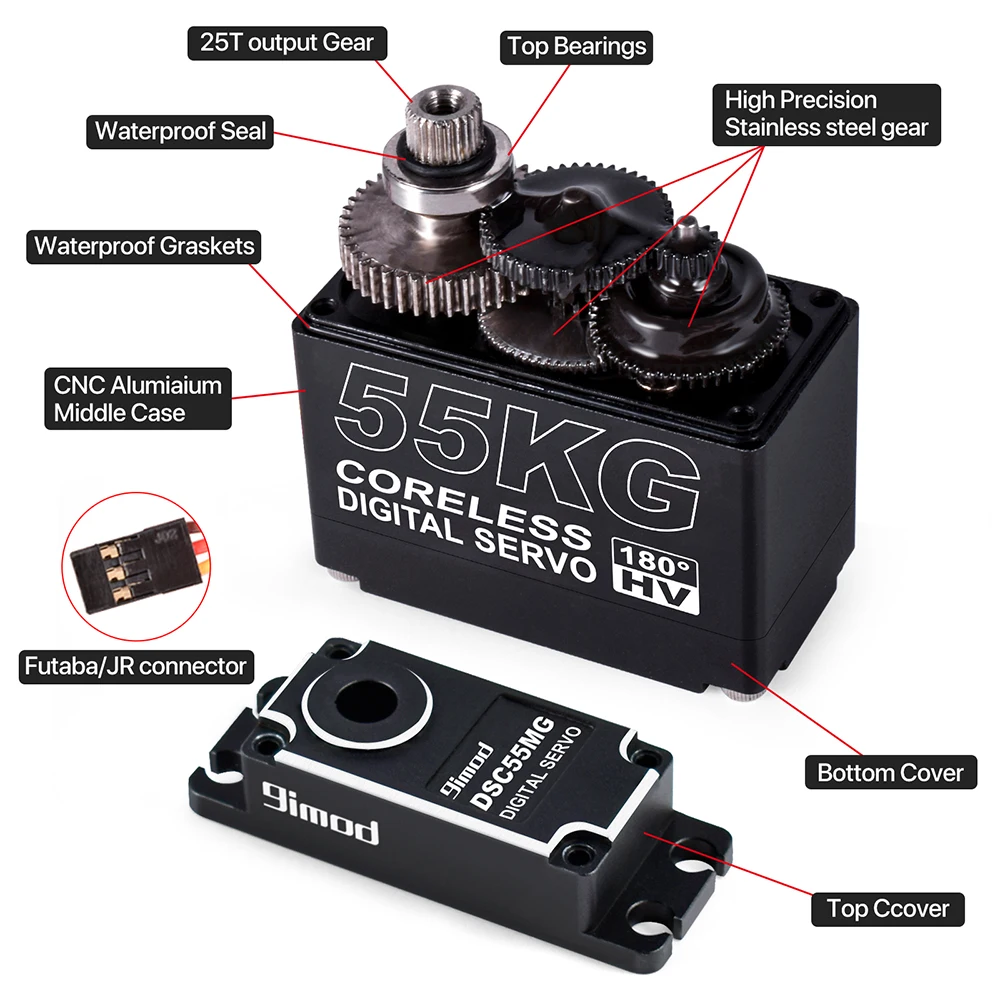 9imod 55kg Servo tahan air IP67 180/270 Sensor magnetik torsi tinggi tanpa inti Digital Servo gigi logam penuh untuk mobil RC 1/8 1/10