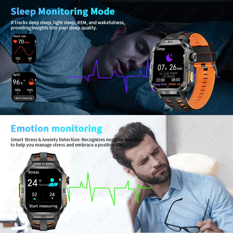 LIGE New 2.01"HD Screen Outdoor Sports Smart Watch 2025 GPS Flashlight Bluetooth Call IP68 Waterproof Compass Smartwatch for Men