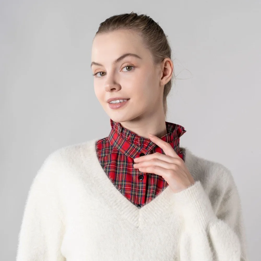 Ruffled Design Faux Shirt Collar Plaid Leopard Print Half Blouse Type Decorative Half Collar Versatile Style Blouse Collar