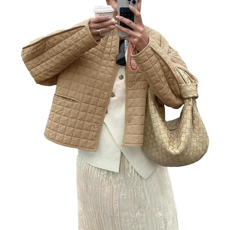 Autumn and Winter Harajuku Monochrome Plaid Quilted Coat Round Neck Pocket Cotton-padded Jacket