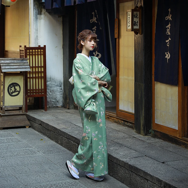 Kimono japonés verde liso para mujer, traje de Cosplay, Washi, Yukata