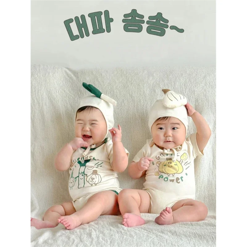 בגדי קיץ מצחיקים לתינוקות בנים ובנות בסגנון קוריאני, חליפת גוף מבד כותנה קצרה עם דוגמת פרפרים וכובע