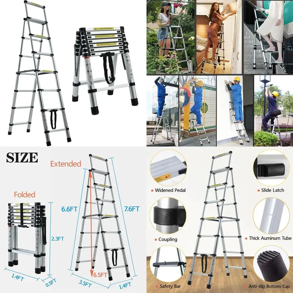 سلم تلسكوبي قابل للطي قابل للتعديل بطول 6.5 قدم مع درابزين للاستخدام الآمن متعدد الأغراض