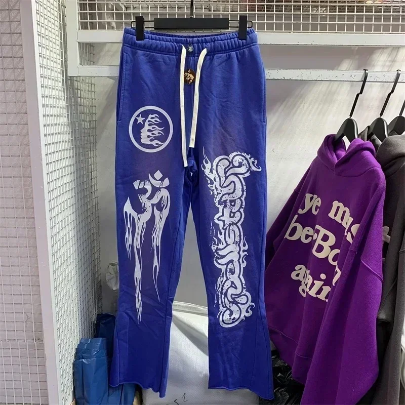 Pantalones de chándal acampanados azules para mujer, pantalones de chándal de gran tamaño con cordón, pantalones de chándal para hombre