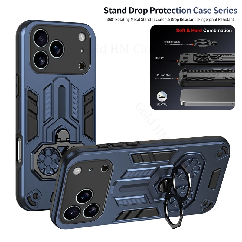 

Heavy Duty Rugged Armor Hybrid Case For iPhone 17 Pro Max Metal Ring Kickstand Shockproof Back Cover For Apple 16 15 17 Pro Max