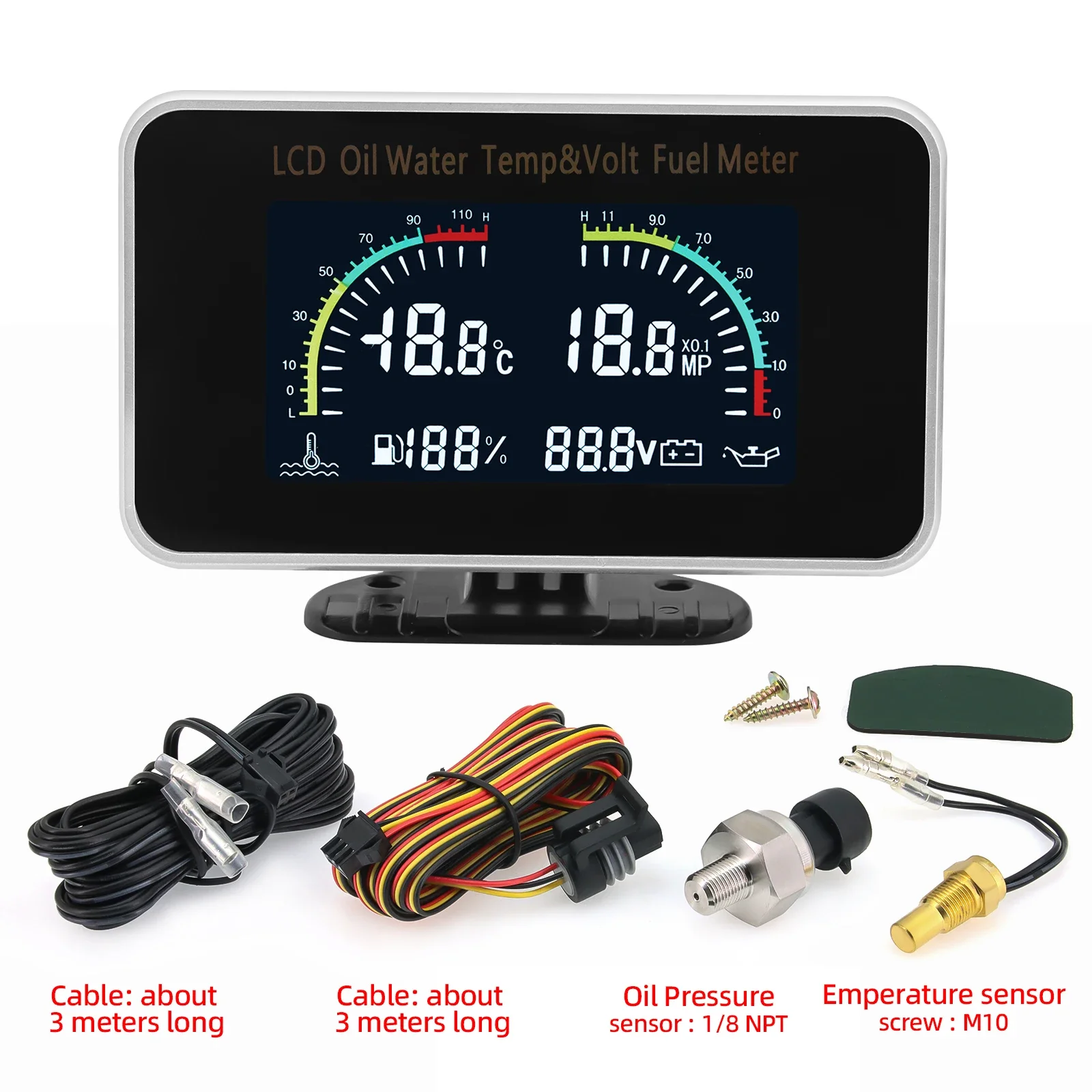 4 in1 Multifunction Car LCD Digital Gauge Water Temperature Oil Fuel Gauge Oil Pressure Voltmeter 12V/24V for Car Truck