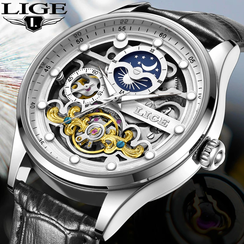 LIGE ساعة ميكانيكية مجوفة جديدة للرجال موضة الأعمال الرياضية مضيئة ساعة أوتوماتيكية الرجال الفاخرة مقاوم للماء ساعات رجالية