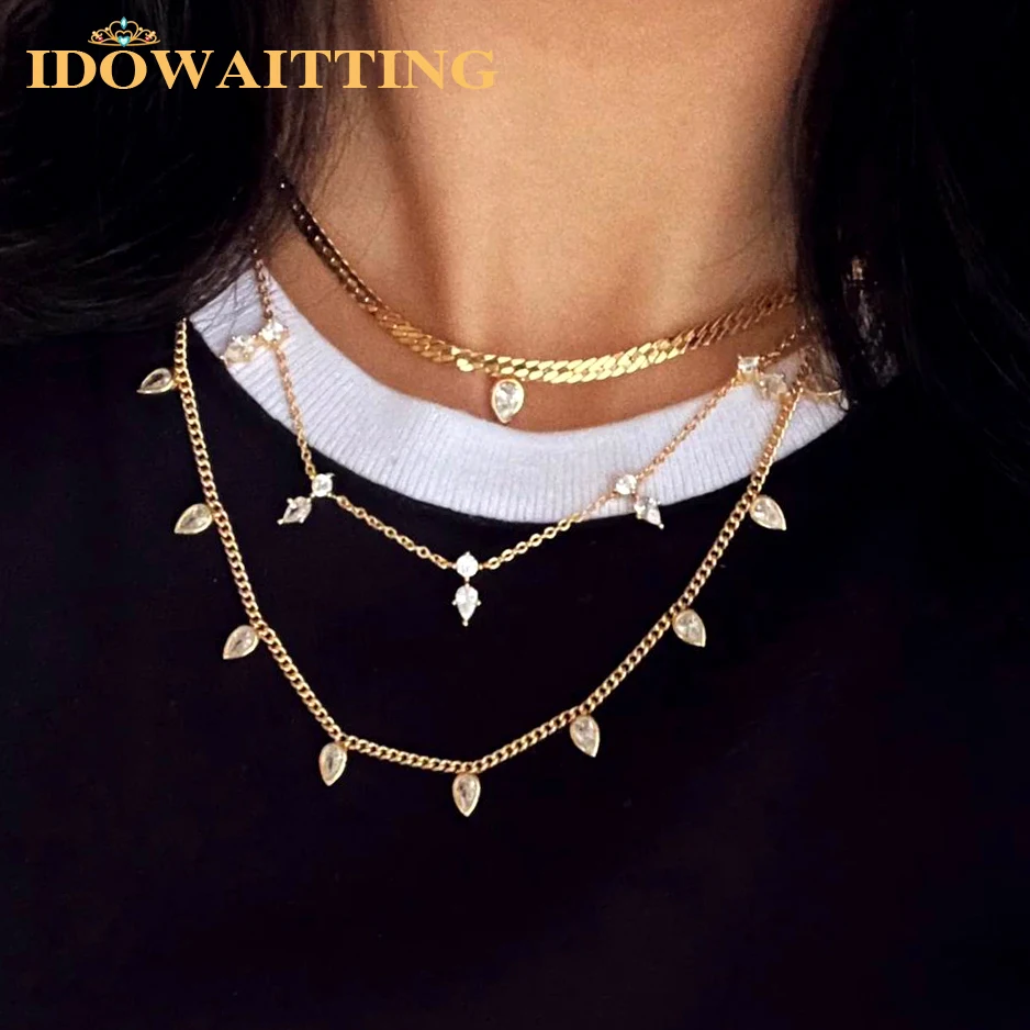 5A Drop Cubic Zirconia CZ Herringbone Necklace for Women Gold Color Chain Choker Geometric Snake Chain Link Fashion Jewelry