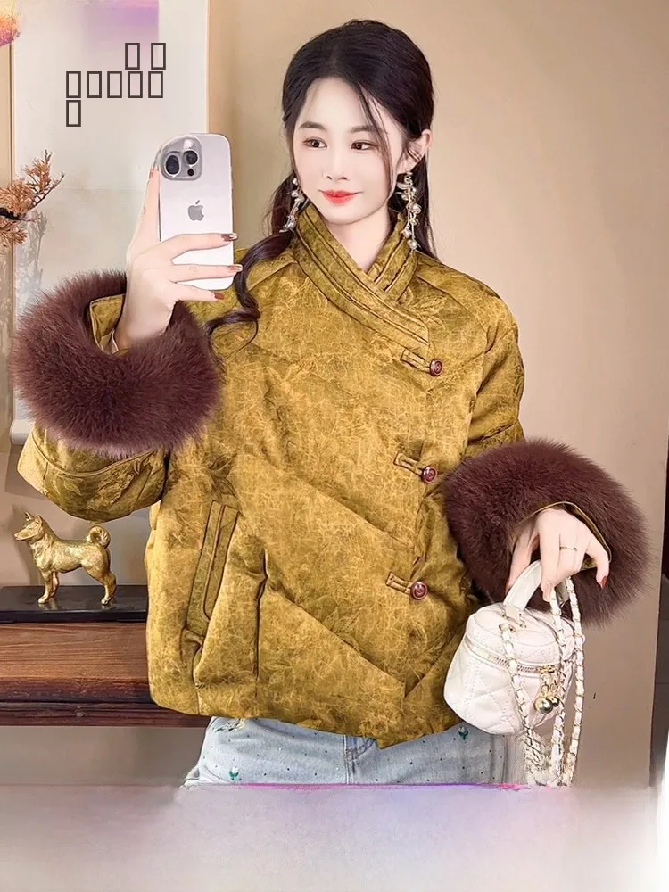 

New Chinese Sle Women's down Jaet Fur Collar Goose down Warmth Long Sve Coat Straight Cut Environmental Friendly