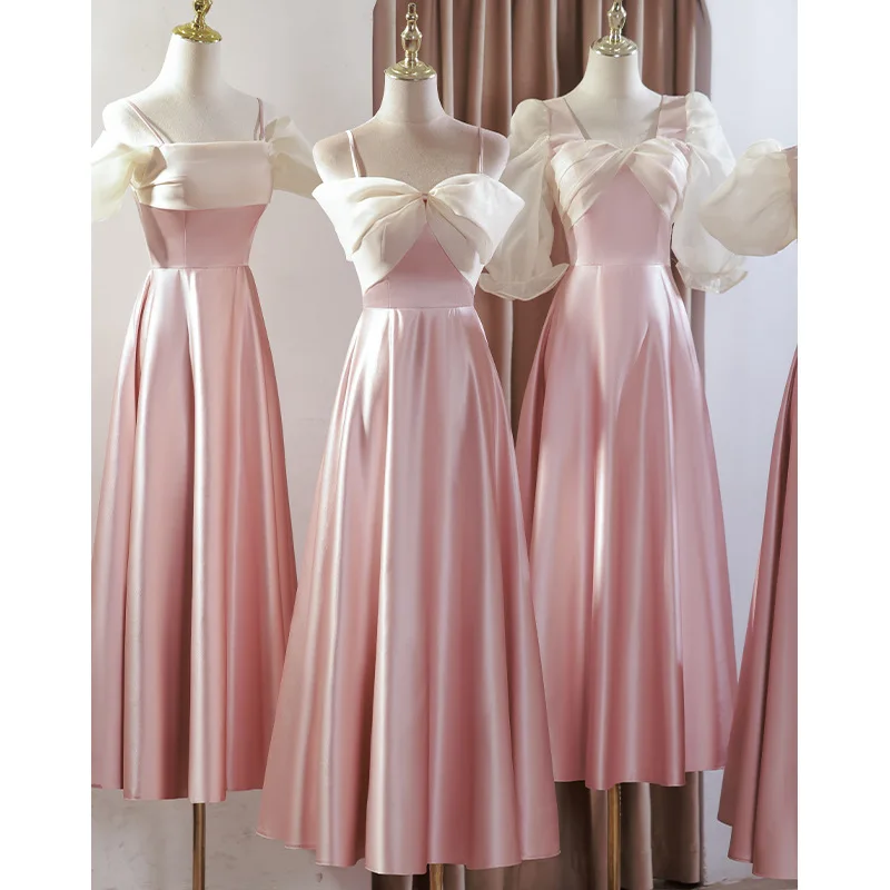 Pink Satin Bridesmaid Dress Sweet Bow Square Collar Wedding Female Guest Dresses 4 Styles Long A-Line Prom Party Vestido