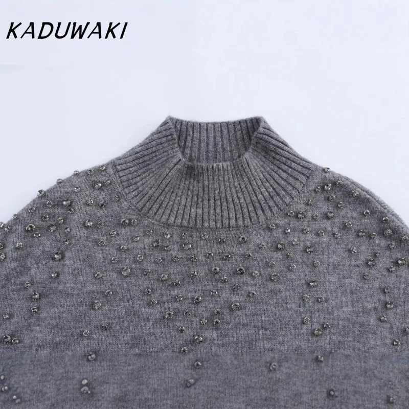 KADUWAKI Casual O-Neck Pullover Women Knitted Loose Short Pearl Decoration Jumper Autumn Winter Lantern Sleeve Top Fall Knitwear