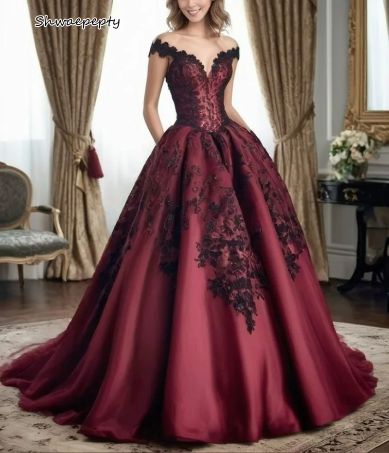 

Classic Burgundy Satin A-Line Prom Dress With Pockets Lace Appliques Off Shoulder Long Formal Gown Customized Evening Wear