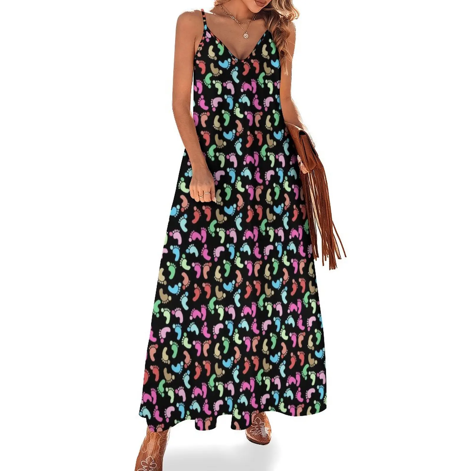 

Multicolored footprint design Sleeveless Long Dress ladies dresses for special occasions dress korean style Dress