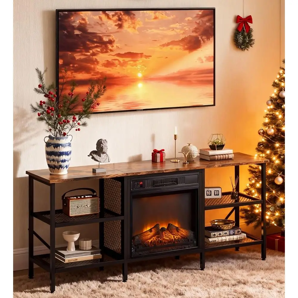 

Rustic Brown Industrial TV Stand with Electric Fireplace for 65-70 Inch TVs, Open Metal Shelves