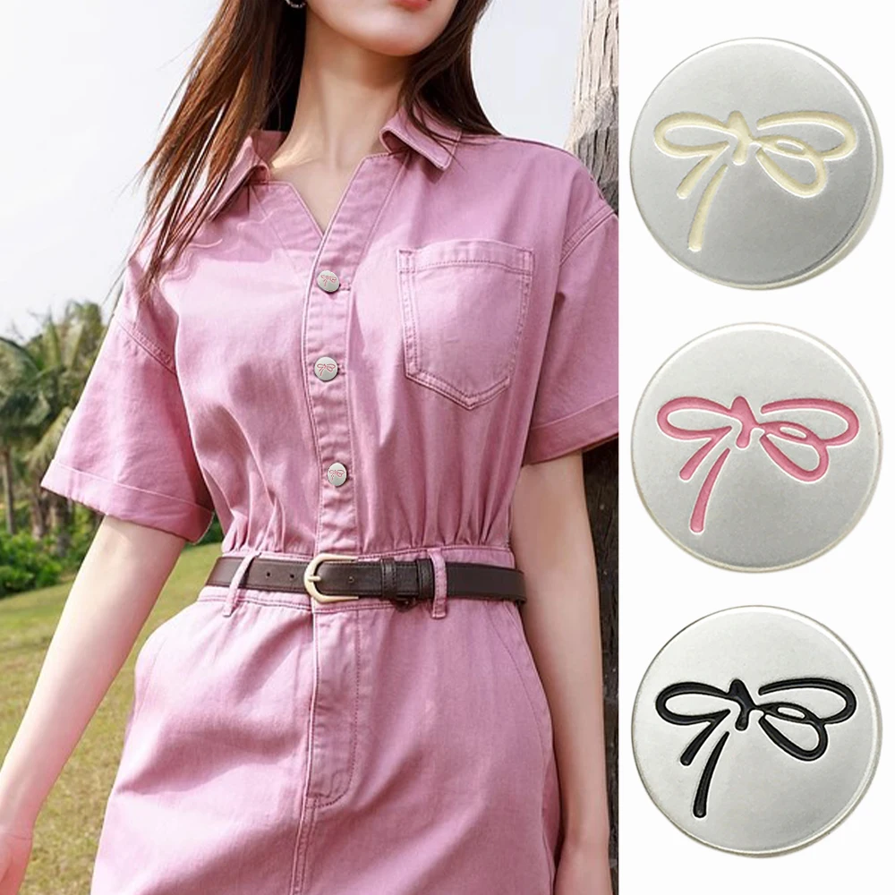 

10PCS Cute Bowknot Round Metal Buttons for Shirts Dresses, 15/20mm Pastel Pink White Black Buttons, Women's Sewing Accessories