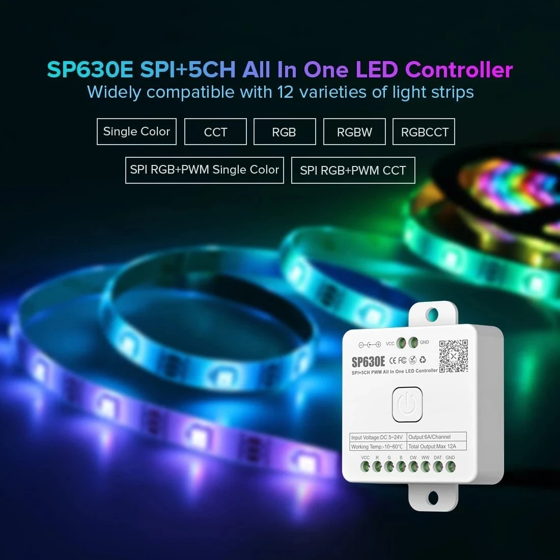 LEDストリップライト,5チャンネルLEDコントローラー,sp630e,Pwm,spi,ws2812b,ws2811,sk6812,fcob,5050 rgb,rgbw,cct,音楽bbt,5v-24v