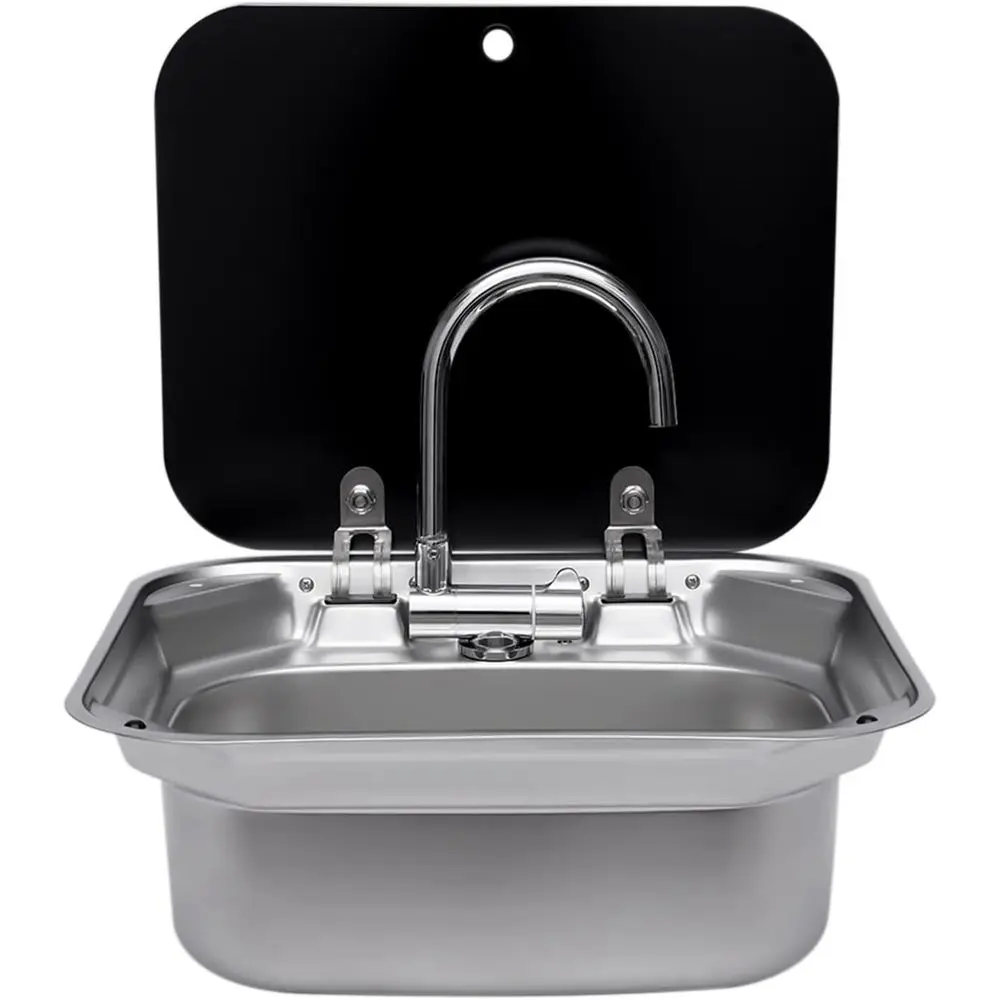 Caravan or Boat Stainless Steel Hand Wash Basin Sink with Folded Faucet Tempered Glass Lid for RV Caravan Camper Trailer Accesso