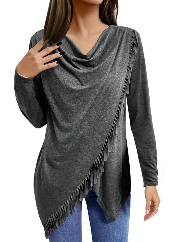 Plus Size Solid Tassel Top Casual Cowl Neck Long Sleeve Top Women\'s Plus Size Clothing