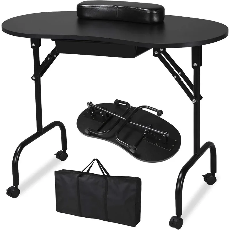 Portable & Foldable Manicure Table Nail Desk Workstation with Large Drawer/Client Wrist Pad/Controllable Wheels/Carrying Case