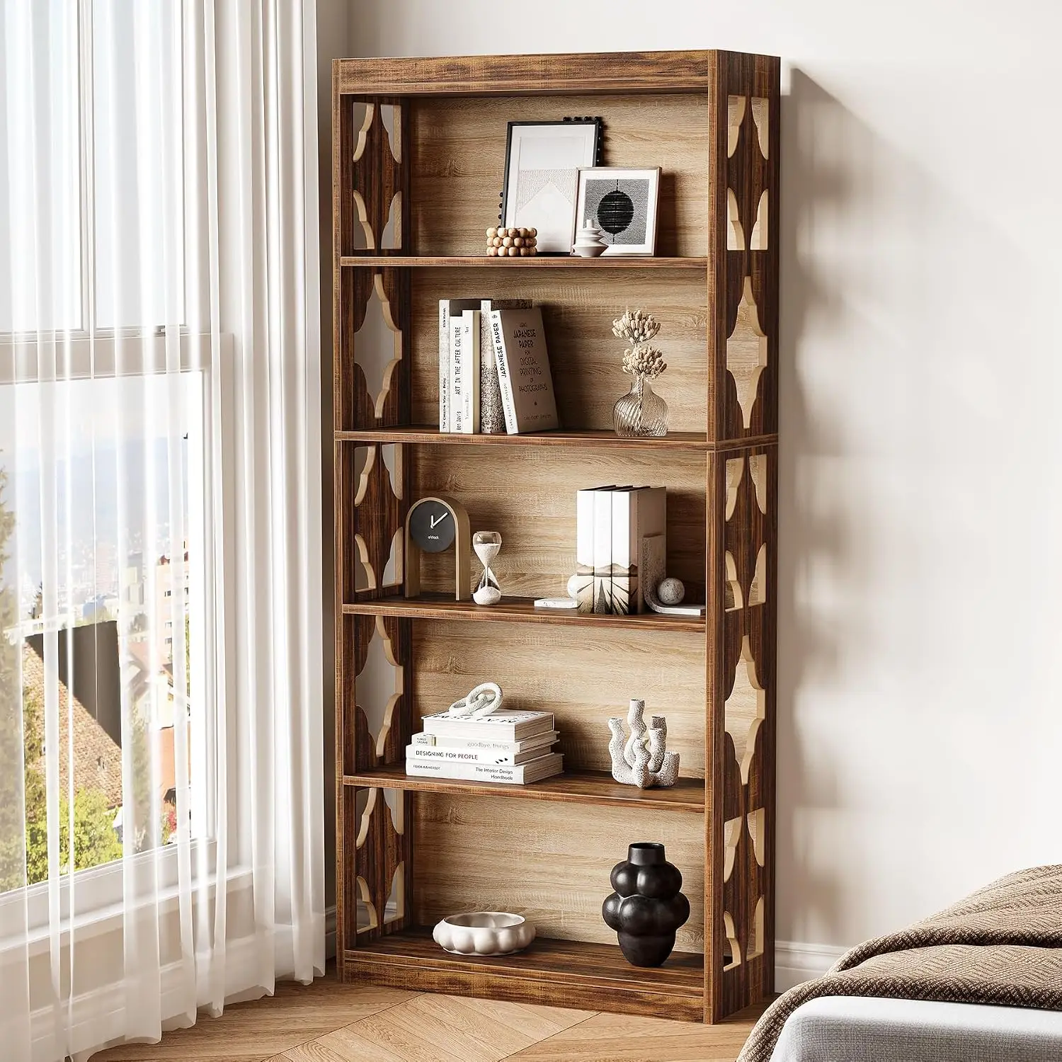 5 Tier Tall Vintage Bookshelf Freestanding Storage Display Shelf Cutout Design Vertical Open Bookcase For Living Room Bedroom Study Home Office Rustic Brown