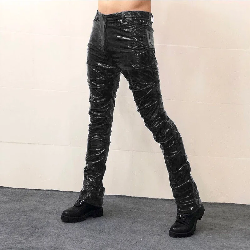 Calça lápis plissada de cintura baixa de couro sintético brilhante masculino brilhante cor sólida pu calças finas com bolsos novo chique personalizado