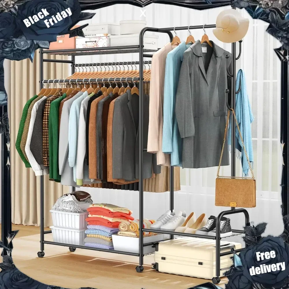 

3-In-1 Clothes Racks For Hanging Clothes with Coat Rack, Heavy Duty Clothing Rack with Shelves Load 620Lbs