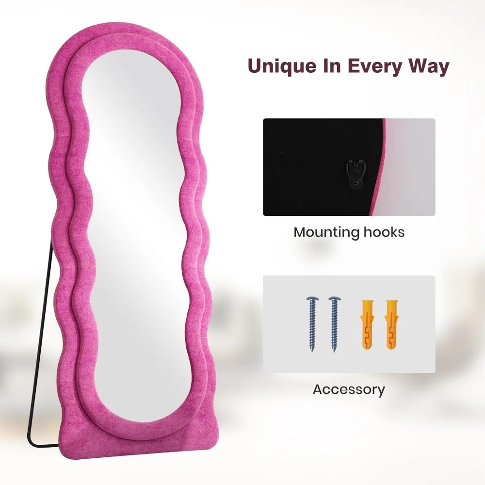 Specchio da pavimento a parete ondulato ad arco per tutto il corpo con supporto, 63x24 pollici, cornice rosa caldo, parete sospesa appesa, specchio a figura intera