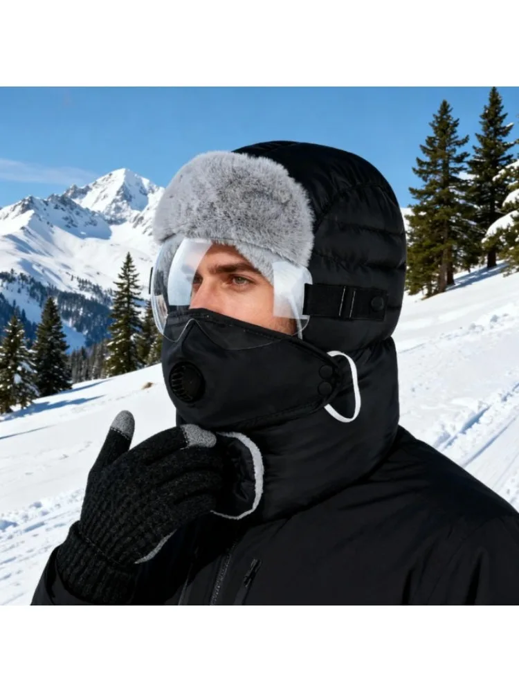 AliExpress NONE 2-Piece Winter Outdoor Riding Hat with Earmuffs, Mask and Goggles -Thickened Windproof Fleece Lei Feng Hat Unisex, New Ski Style