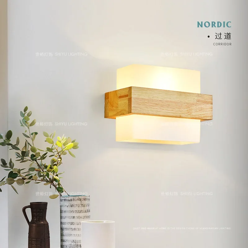 Nordic LED Wooden Wall Lamps Acrylic Bedside Wall Sconce Home IndoorLiving Room Bedroom Aisle Balcony  E27 Fixtures Night Lights