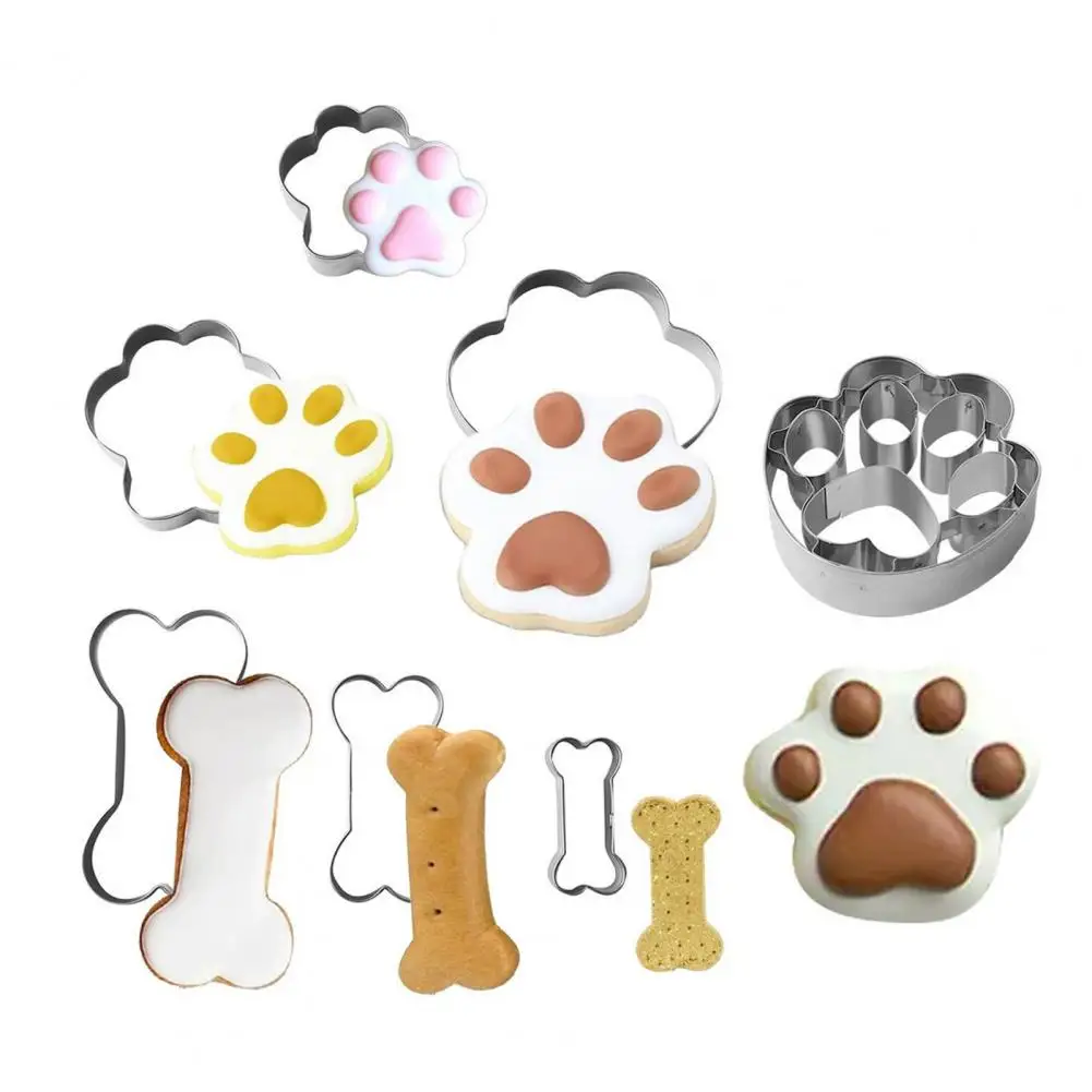 Paw Print Pastry Cutters Dog Cookie Cutter Set with Bone Paw Print Shapes Stainless Steel Pet Treat Molds Cute for Baking