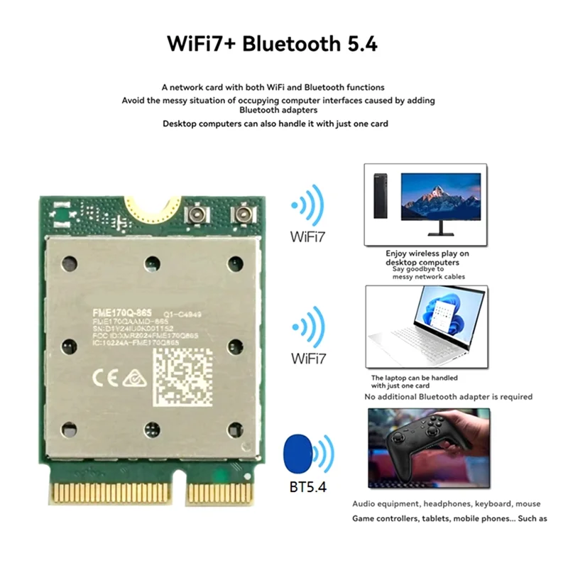 Classic-QCNCM865 Wifi7 بطاقة الشبكة اللاسلكية بلوتوث 5.4 5800M ثلاثي الموجات 2.4G/5G/6Ghz M.2 NGFF محول لاسلكي