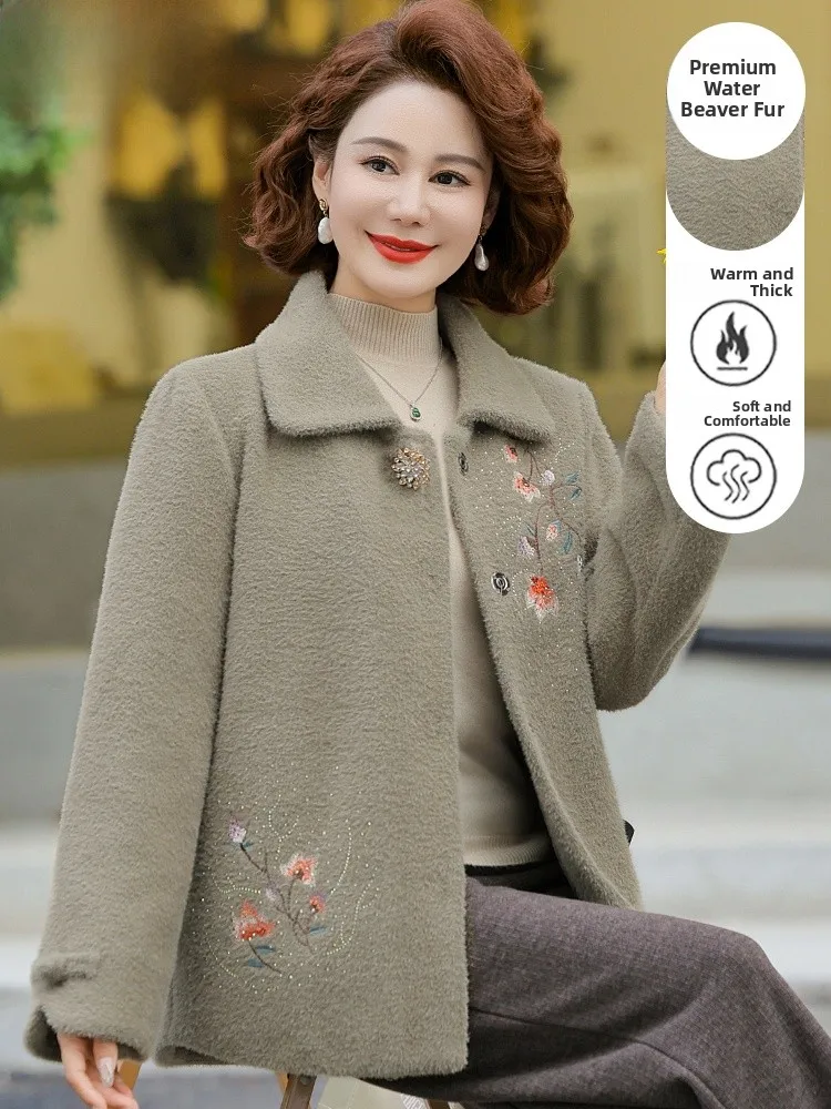 

Thiened Fur Jaet Women's Faionable Winter Coat andmother Sle Embroidered Coat Mommy Winter Faion Outerwear