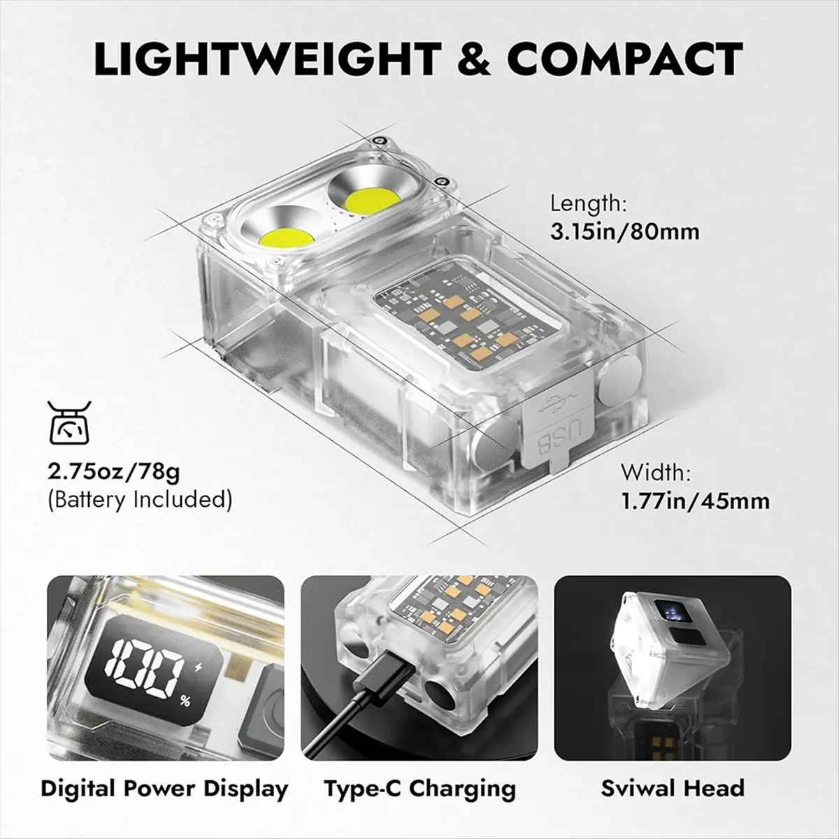 NEW LED Flashlight Rechargeable, 800 Lumens Mini Work Lihgt, Small Flashlight Clip on with Back Clip,Transparent