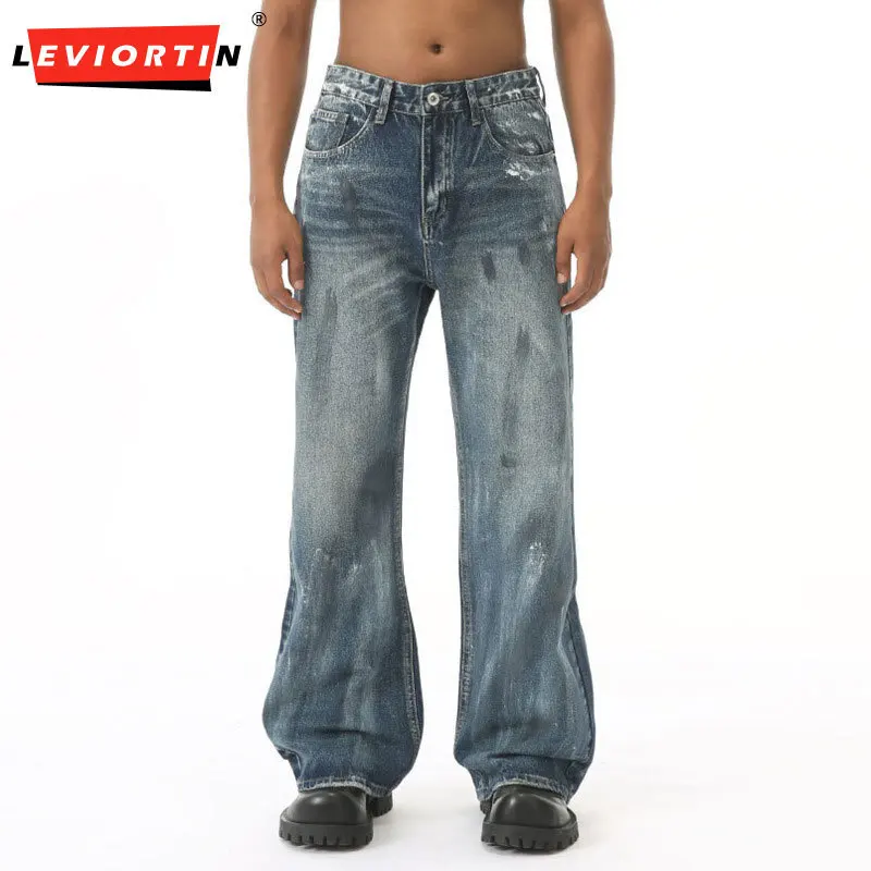 

2025 Four Seasons Men's American Retro Vintage Brushed Color Micro Pull Straight Tube Versatile Simple Loose Casual Jeans