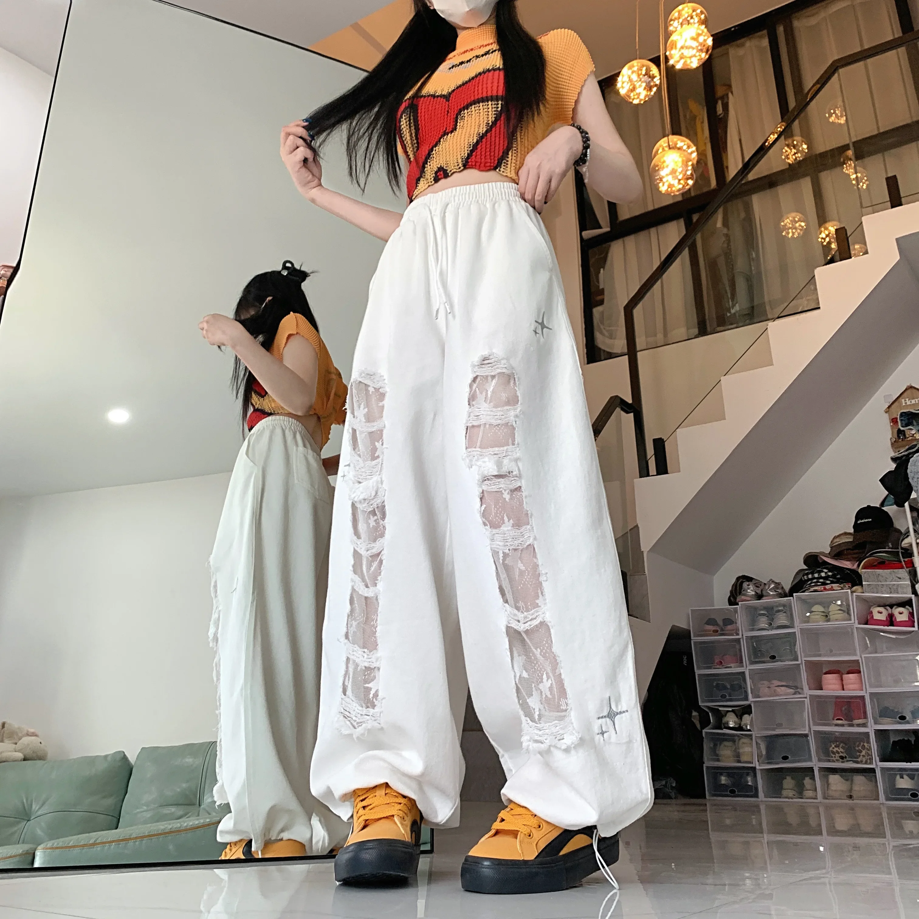 

Women Vintage Lace Hole Ripped Jeans Summer Streetwear 2000s Y2k Jazz Dance Wide Leg Trousers Hot Girl Casual Baggy Pants