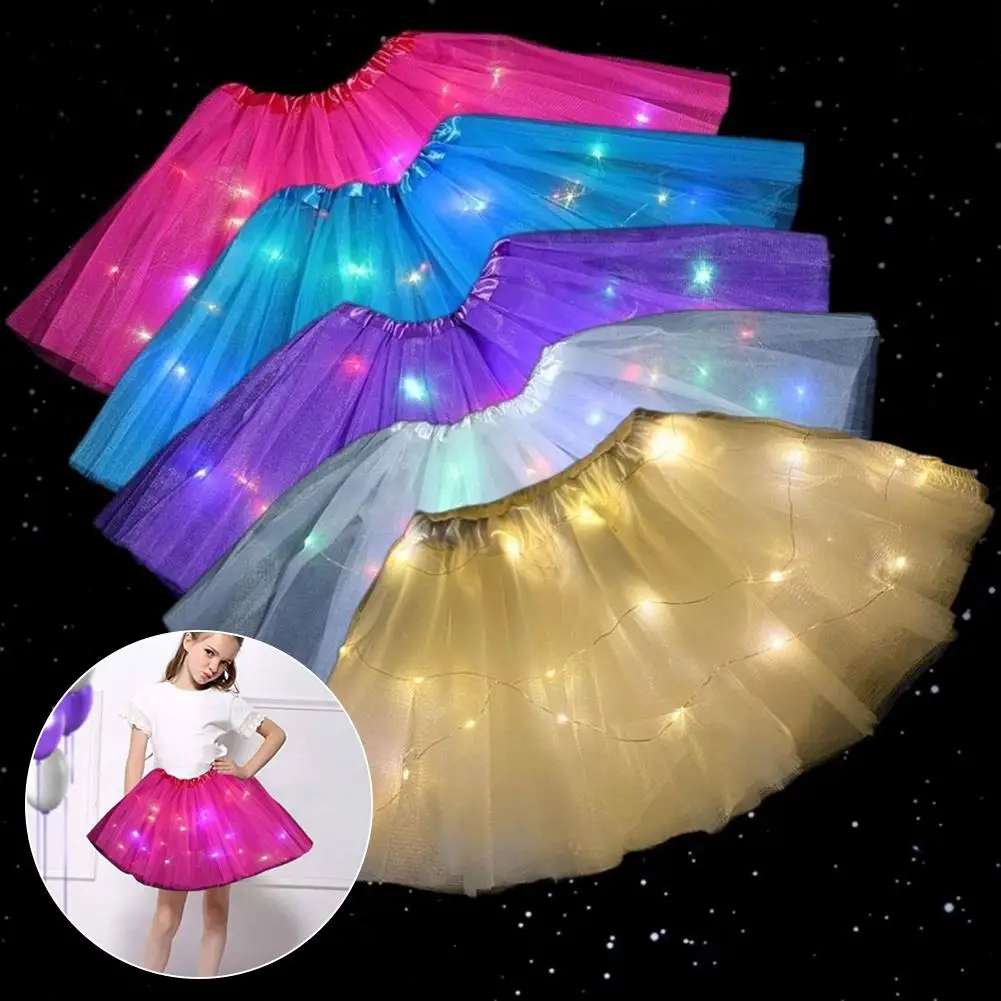 LED Glowing Girls Tutu Skirts With Neon Light Glow Princess Ballet Stage Dance Short Dress For Kids Fairy Party Costume Gif C2E6