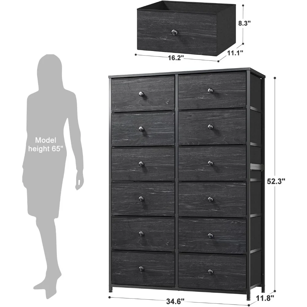 High Capacity Tall Dresser in Black for Bedroom, 12 Drawer Storage Solution