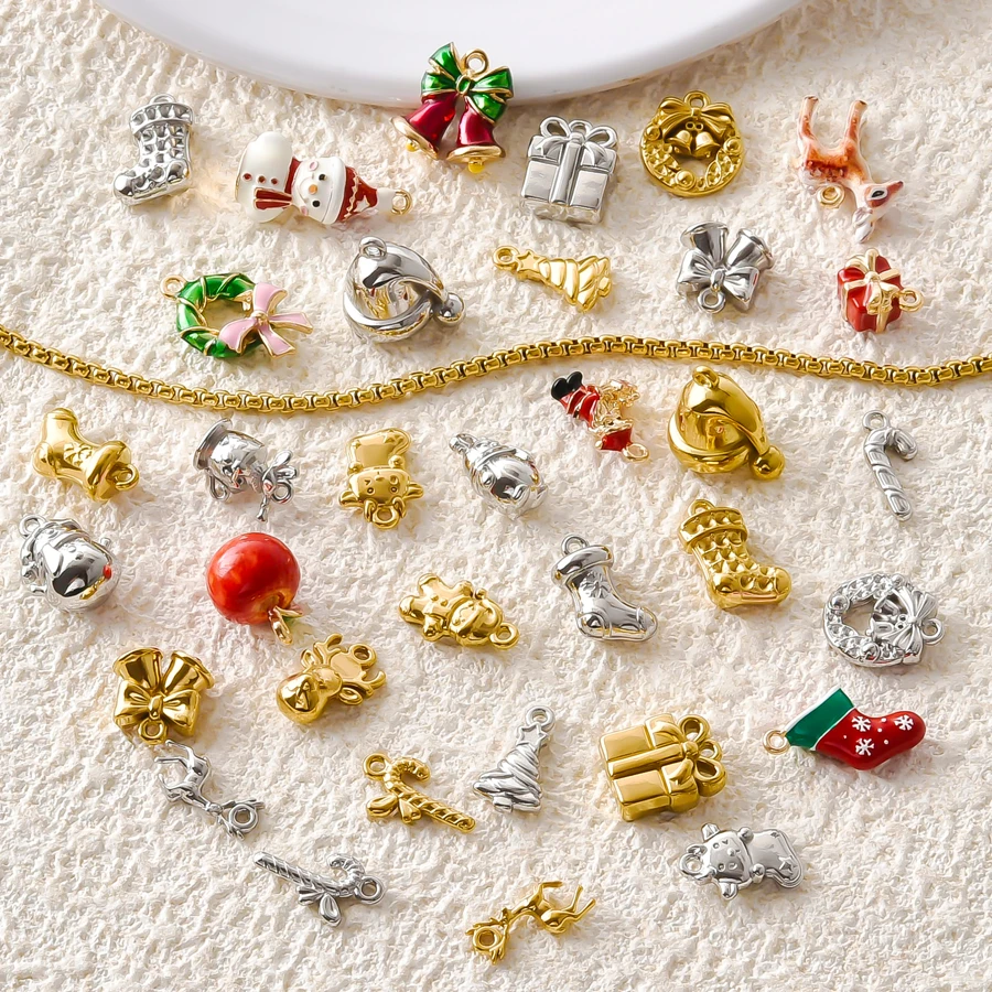 5Pcs Exquisite Metal 316 Stainless Steel Christmas Enamel Charms Xmas Sock Wreath Bell Gift Box Candy Cane DIY Jewelry Findings