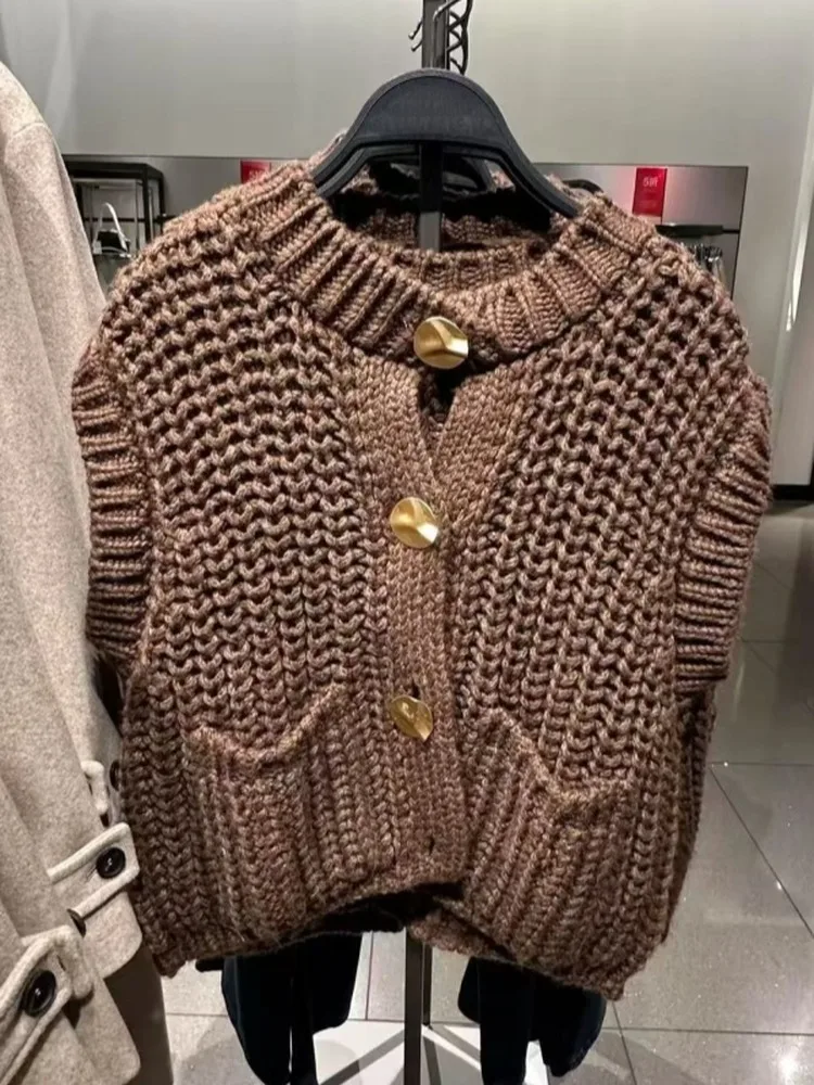 

Весна-Осень 2025 г., женский вязаный жилет Lazy Sle, круглый дизайн Ne Coarse Needle ket, Новое поступление, повседневный свободный...